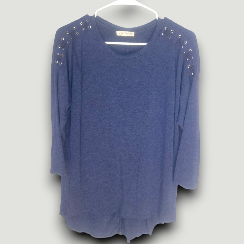 Retrology Top Womens Blue L Lattice Sleeve Boho Chic Casual Minimalist Soft‎